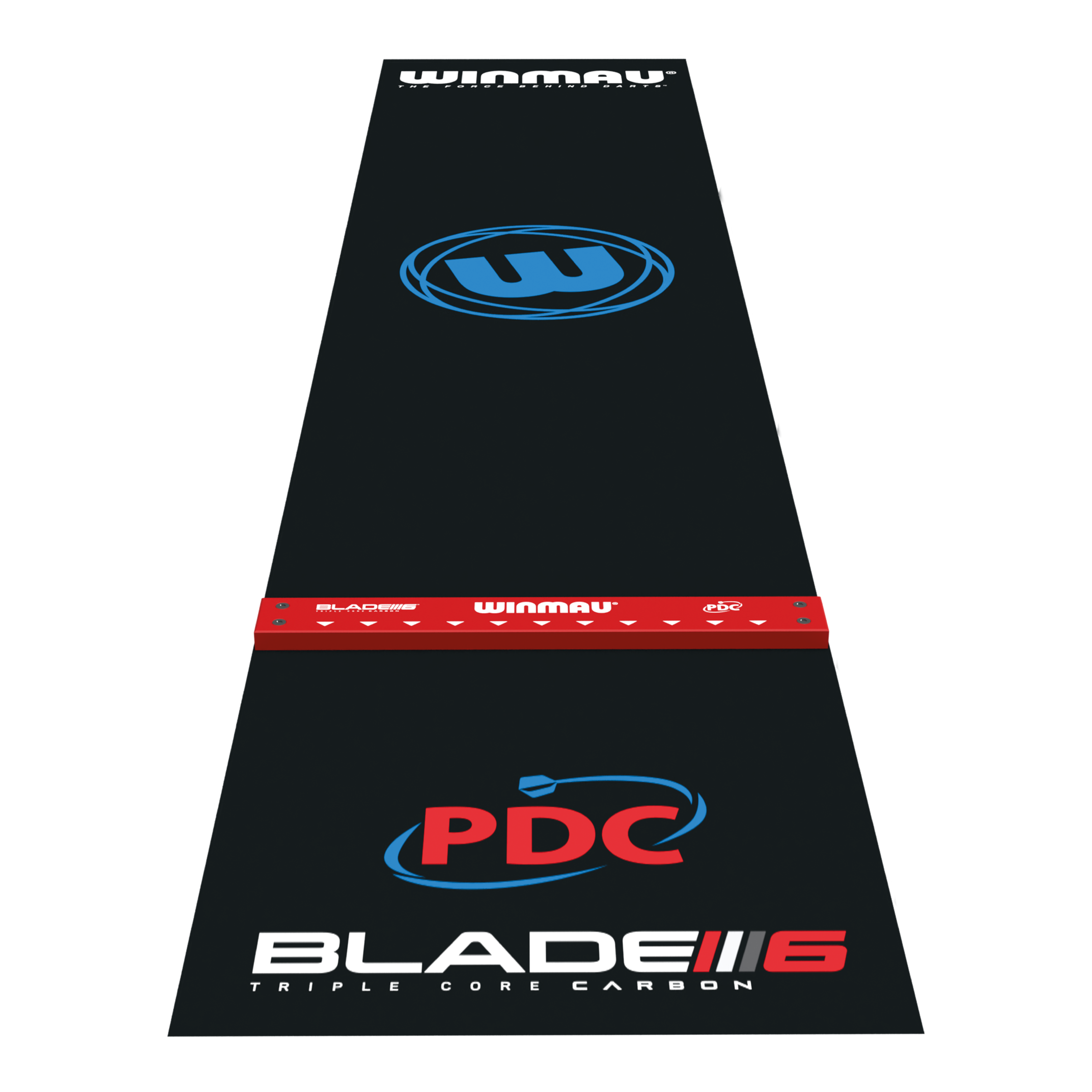 Das Bild zeigt die Winmau Pro-Zone Precision Blade 6 Dartmatte mit Oche. Die Matte ist schwarz mit farbigen Logos und einem roten Abwurfbalken versehen.